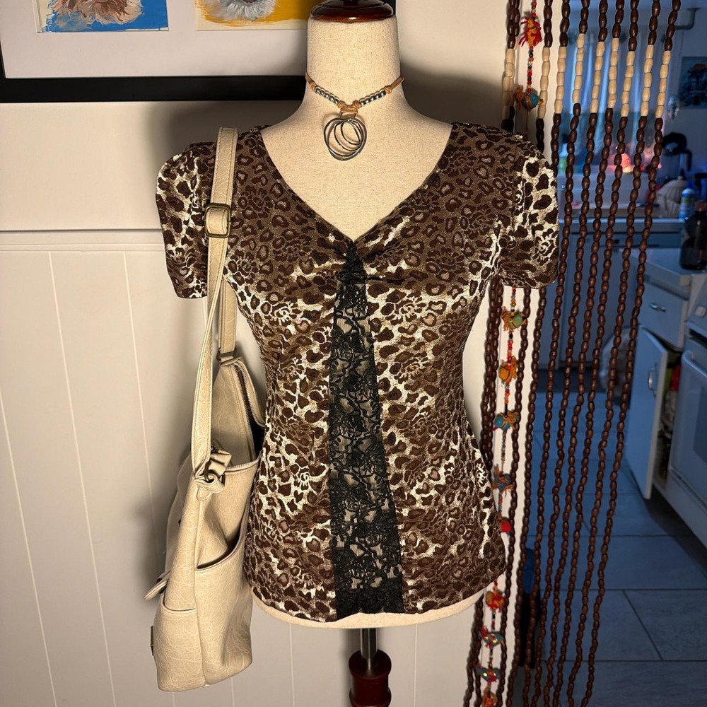 Vintage Y2K Handmade Leopard Lace Top Sheer Animal Print V-Neck Brown Small